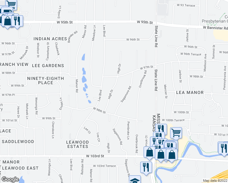 map of restaurants, bars, coffee shops, grocery stores, and more near 9717 High Drive in Leawood