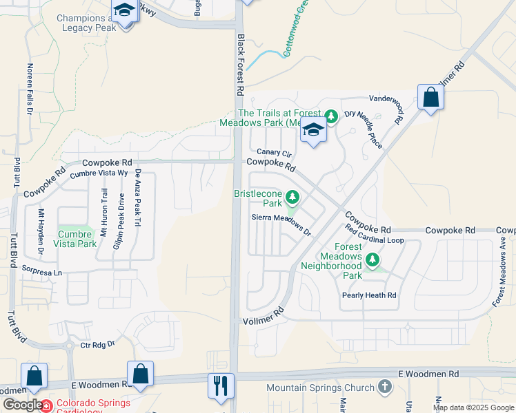 map of restaurants, bars, coffee shops, grocery stores, and more near 6827 Shimmering Leaf Road in Colorado Springs