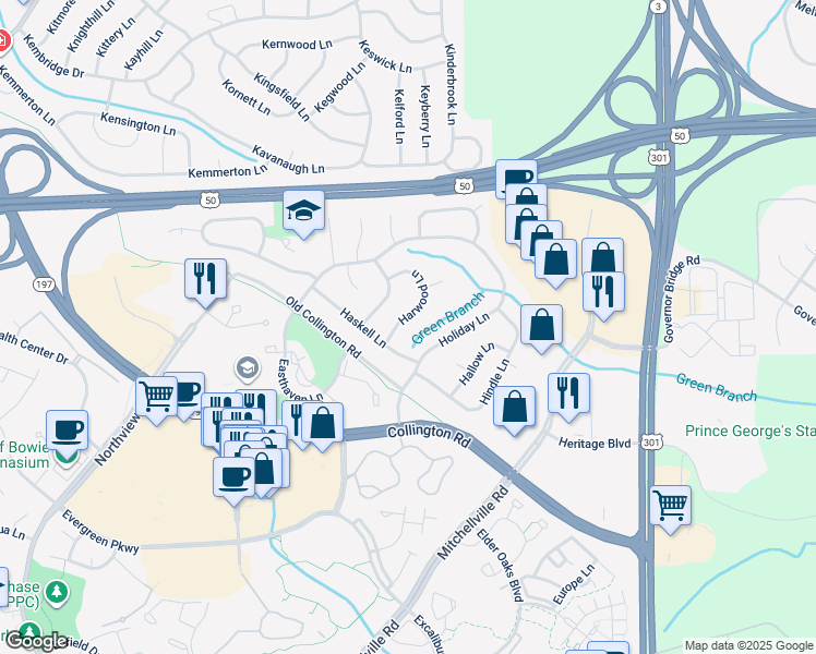map of restaurants, bars, coffee shops, grocery stores, and more near 2207 Harwood Lane in Bowie