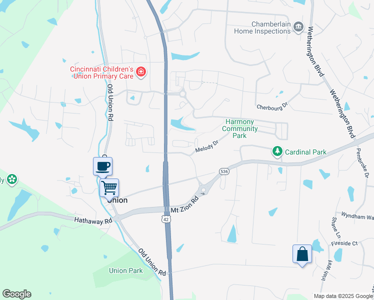 map of restaurants, bars, coffee shops, grocery stores, and more near 9866 Melody Dr in Union