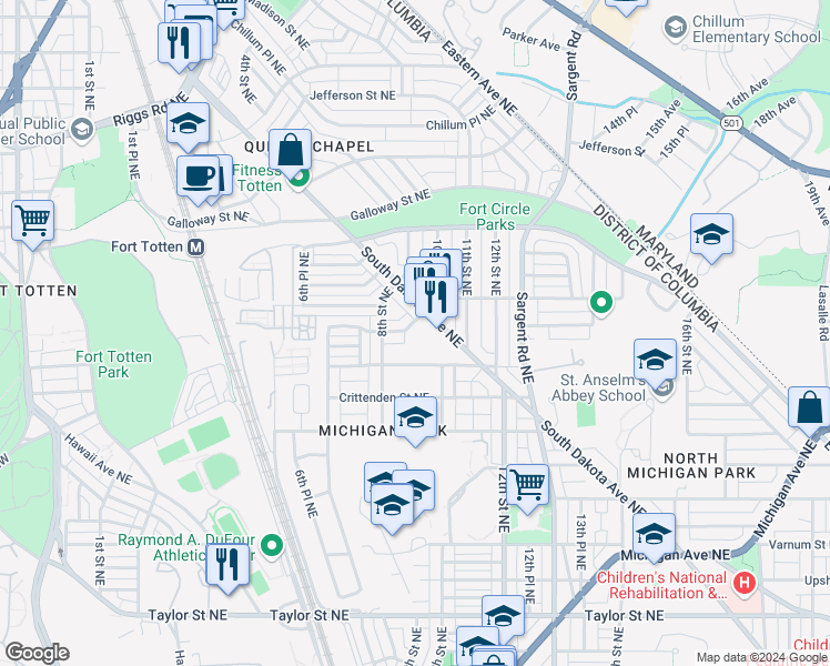 map of restaurants, bars, coffee shops, grocery stores, and more near 823 Delafield Street Northeast in Washington