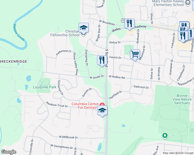 map of restaurants, bars, coffee shops, grocery stores, and more near 4468 West Smith Drive in Columbia