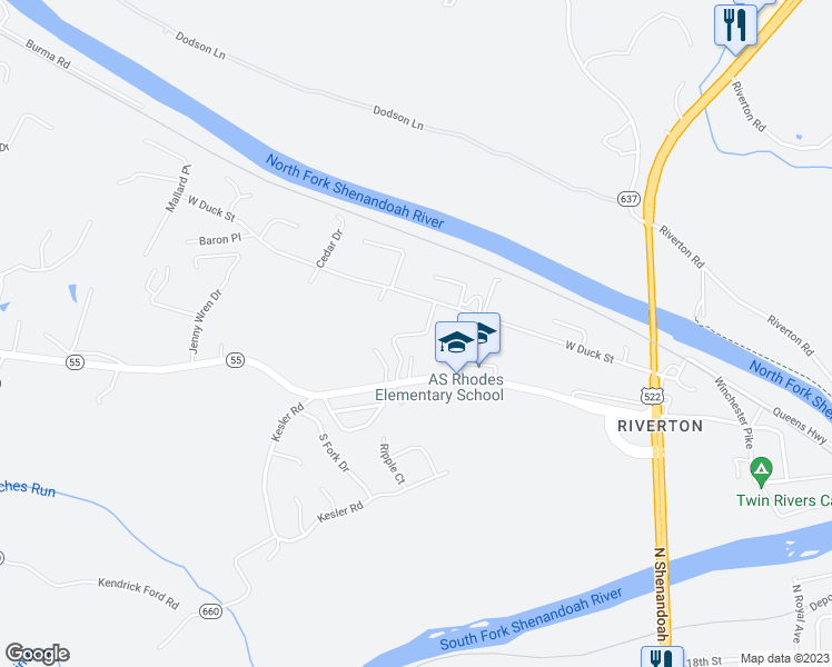 map of restaurants, bars, coffee shops, grocery stores, and more near Forest Hill Drive in Front Royal