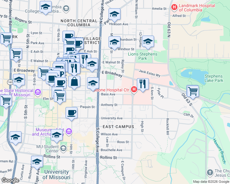 map of restaurants, bars, coffee shops, grocery stores, and more near 110 Dorsey Street in Columbia