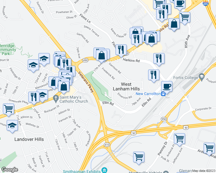 map of restaurants, bars, coffee shops, grocery stores, and more near 7731 Emerson Road in Hyattsville