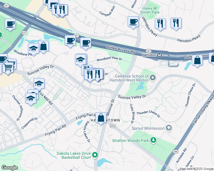 map of restaurants, bars, coffee shops, grocery stores, and more near 12905 Centre Park Circle in Herndon