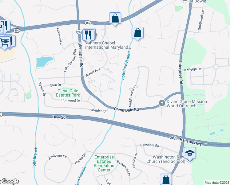 map of restaurants, bars, coffee shops, grocery stores, and more near 4419 Cape Cod Circle in Bowie