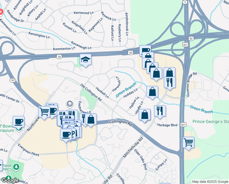 map of restaurants, bars, coffee shops, grocery stores, and more near 2207 Harwood Lane in Bowie