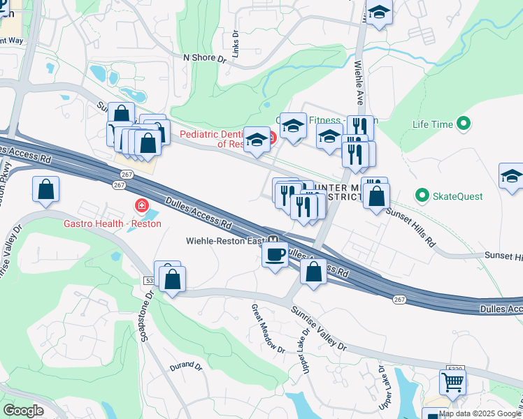 map of restaurants, bars, coffee shops, grocery stores, and more near 1891 Metro Center Drive in Reston