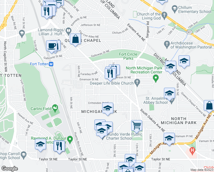 map of restaurants, bars, coffee shops, grocery stores, and more near 823 Delafield Street Northeast in Washington