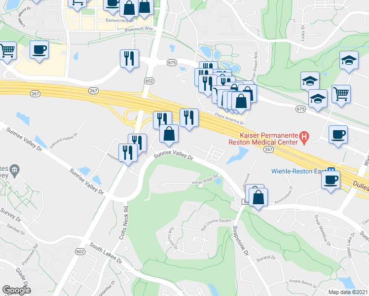 map of restaurants, bars, coffee shops, grocery stores, and more near 11770 Sunrise Valley Drive in Reston