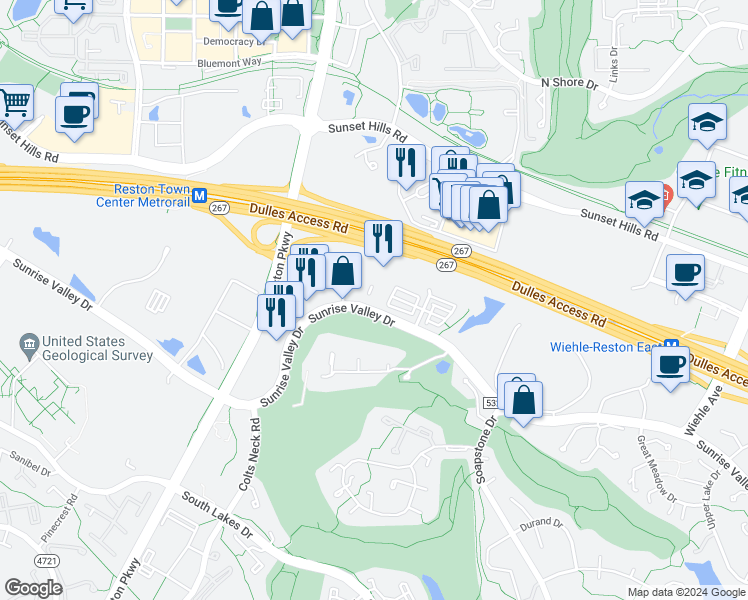 map of restaurants, bars, coffee shops, grocery stores, and more near 11770 Sunrise Valley Drive in Reston