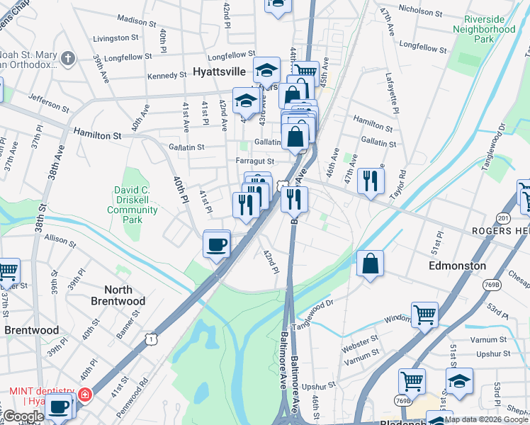 map of restaurants, bars, coffee shops, grocery stores, and more near Rhode Island Avenue in Hyattsville