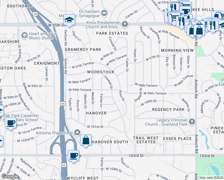 map of restaurants, bars, coffee shops, grocery stores, and more near 9901 Connell Dr in Overland Park