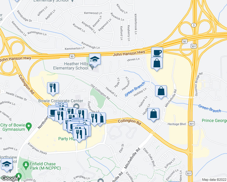 map of restaurants, bars, coffee shops, grocery stores, and more near 12718 Haskell Lane in Bowie