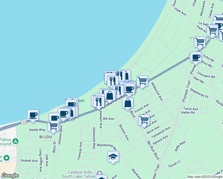 map of restaurants, bars, coffee shops, grocery stores, and more near 900 Ski Run Boulevard in South Lake Tahoe