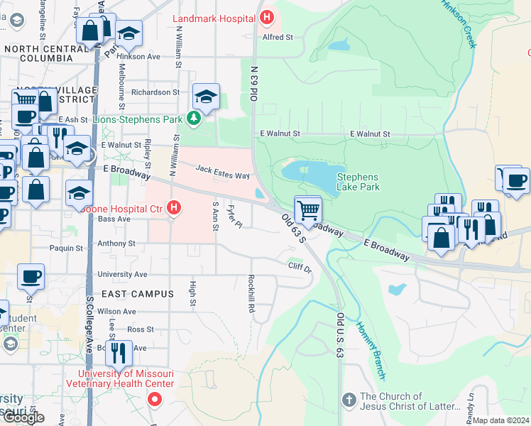 map of restaurants, bars, coffee shops, grocery stores, and more near 1816 East Broadway in Columbia