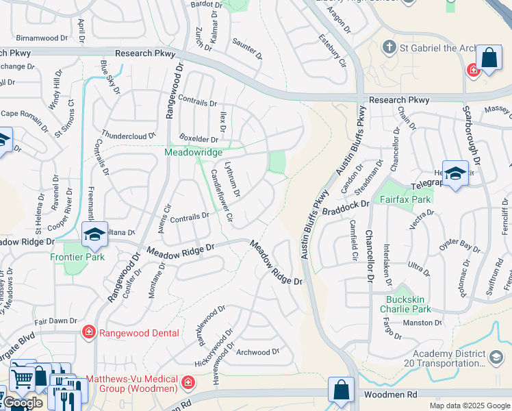map of restaurants, bars, coffee shops, grocery stores, and more near 8030 Trefoil Court in Colorado Springs