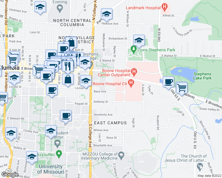 map of restaurants, bars, coffee shops, grocery stores, and more near 1403 Bass Avenue in Columbia
