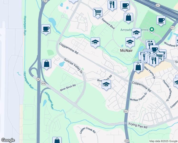 map of restaurants, bars, coffee shops, grocery stores, and more near 13642 Legacy Circle in Herndon