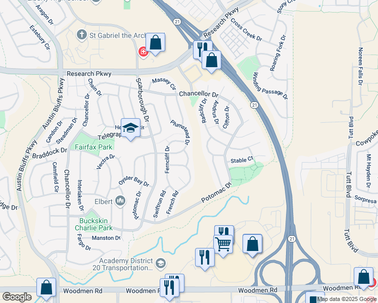 map of restaurants, bars, coffee shops, grocery stores, and more near 8030 Lorton Drive in Colorado Springs