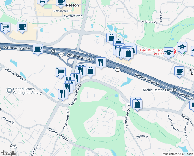map of restaurants, bars, coffee shops, grocery stores, and more near 11770 Sunrise Valley Drive in Reston