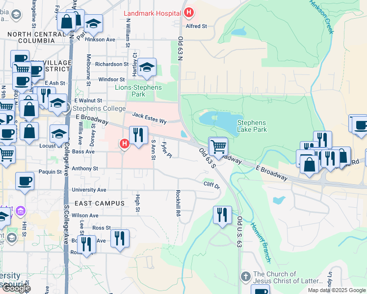 map of restaurants, bars, coffee shops, grocery stores, and more near 1810 East Broadway in Columbia
