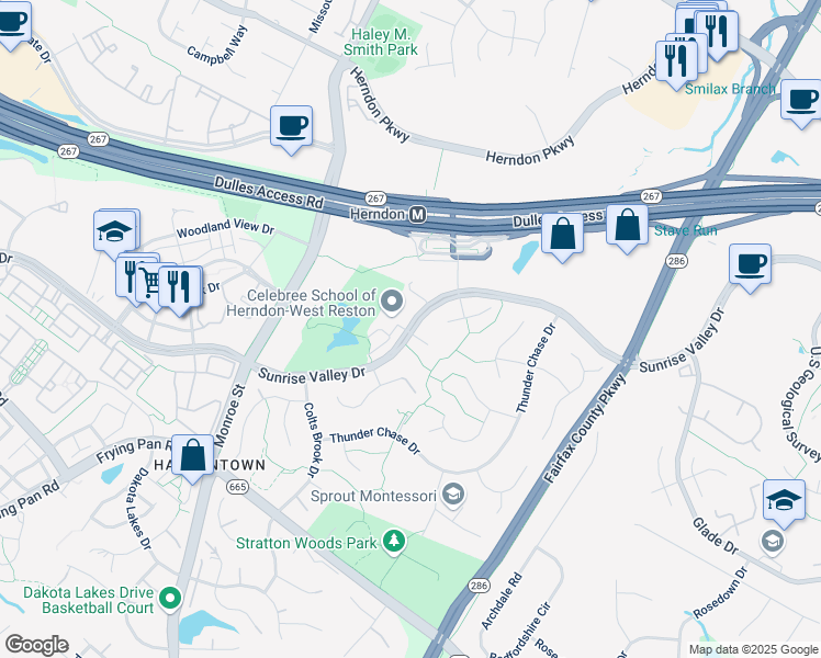 map of restaurants, bars, coffee shops, grocery stores, and more near 21938 Sunrise Valley Drive in Reston