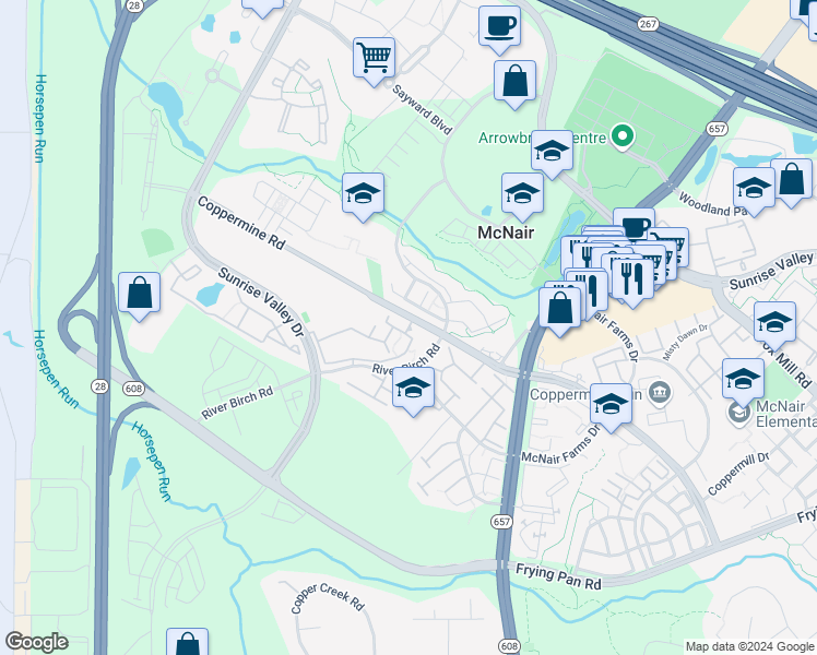 map of restaurants, bars, coffee shops, grocery stores, and more near 13693 Legacy Circle in Herndon