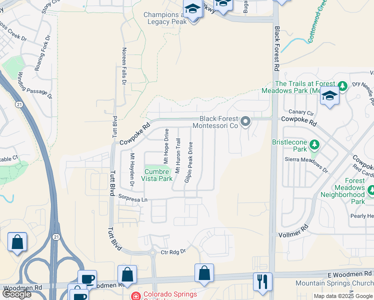 map of restaurants, bars, coffee shops, grocery stores, and more near 8047 Mount Huron Trail in Colorado Springs