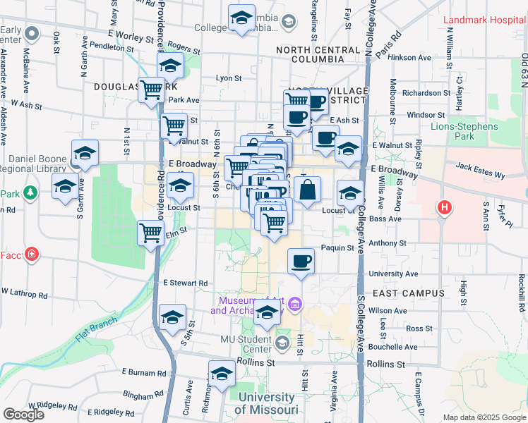 map of restaurants, bars, coffee shops, grocery stores, and more near 201 South 9th Street in Columbia