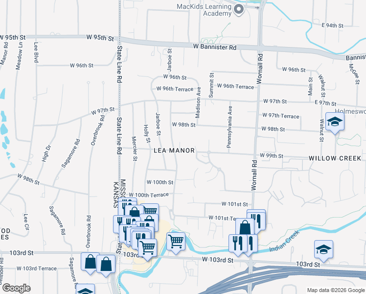 map of restaurants, bars, coffee shops, grocery stores, and more near 9904 Summit Street in Kansas City