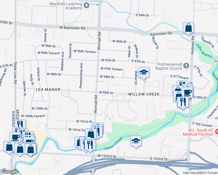 map of restaurants, bars, coffee shops, grocery stores, and more near 9815 Wornall Road in Kansas City