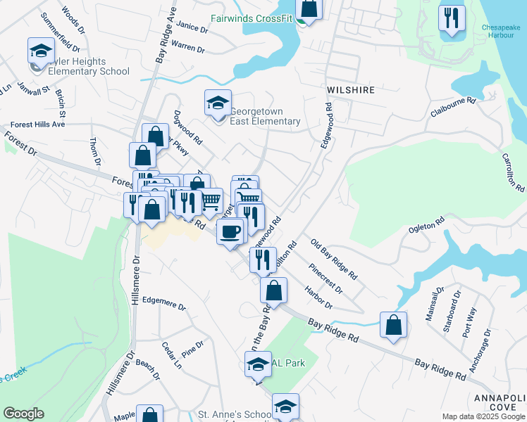 map of restaurants, bars, coffee shops, grocery stores, and more near 940 Bay Forest Court in Annapolis