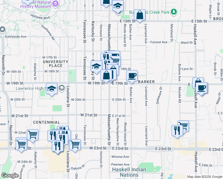 map of restaurants, bars, coffee shops, grocery stores, and more near 1916 Massachusetts Street in Lawrence