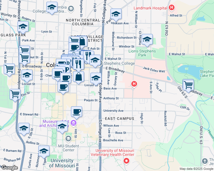 map of restaurants, bars, coffee shops, grocery stores, and more near 113 Willis Avenue in Columbia