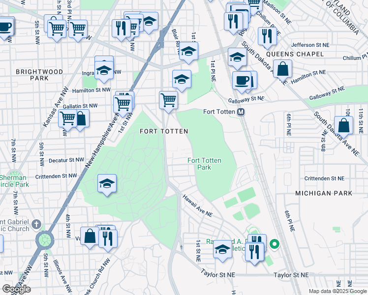 map of restaurants, bars, coffee shops, grocery stores, and more near 4828 Fort Totten Drive Northeast in Washington
