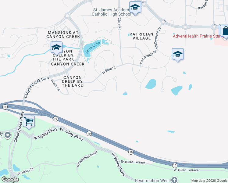 map of restaurants, bars, coffee shops, grocery stores, and more near 25001 West 98th Street in Lenexa