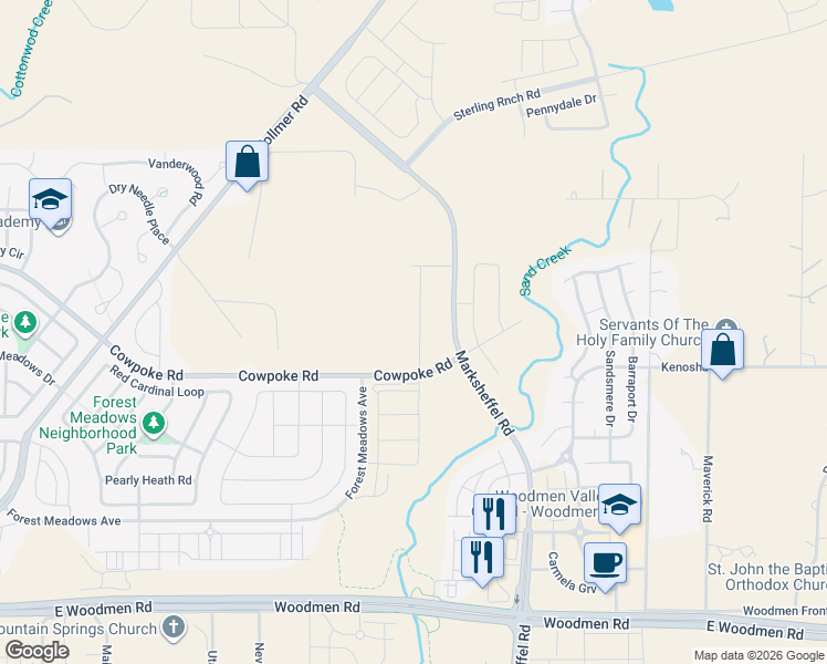 map of restaurants, bars, coffee shops, grocery stores, and more near Forrest Meadows Avenue in Colorado Springs