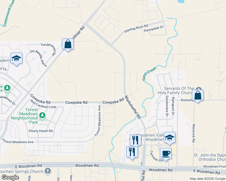 map of restaurants, bars, coffee shops, grocery stores, and more near Forrest Meadows Avenue in Colorado Springs