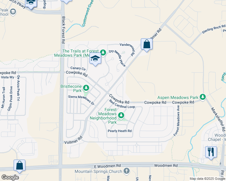 map of restaurants, bars, coffee shops, grocery stores, and more near 8006 Smokewood Drive in Colorado Springs