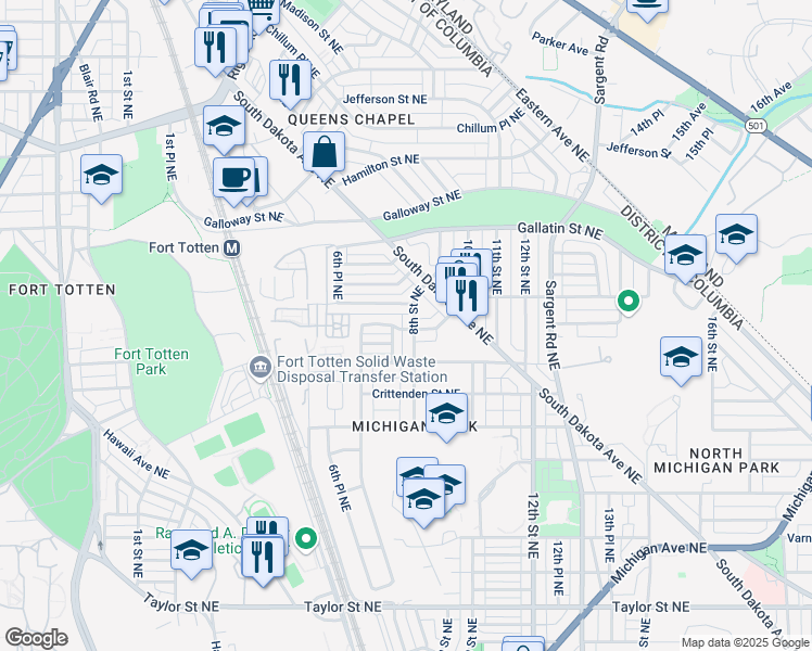 map of restaurants, bars, coffee shops, grocery stores, and more near 4950 8th Street Northeast in Washington