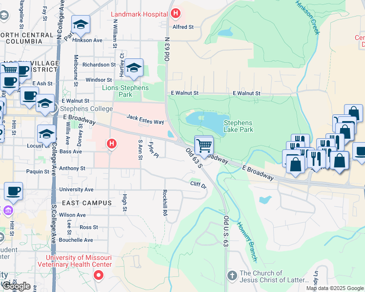 map of restaurants, bars, coffee shops, grocery stores, and more near 5 Old 63 South in Columbia