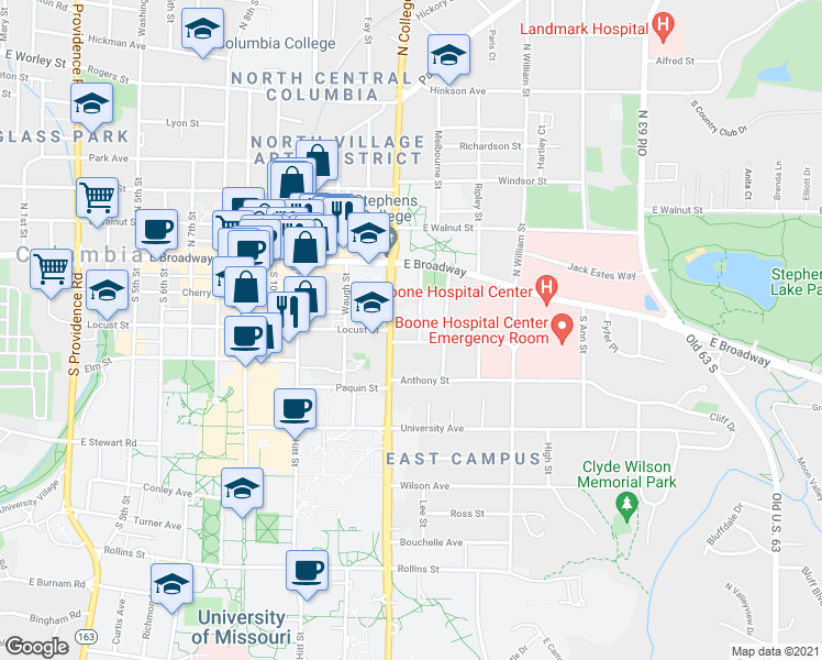 map of restaurants, bars, coffee shops, grocery stores, and more near 1310 Bass Avenue in Columbia