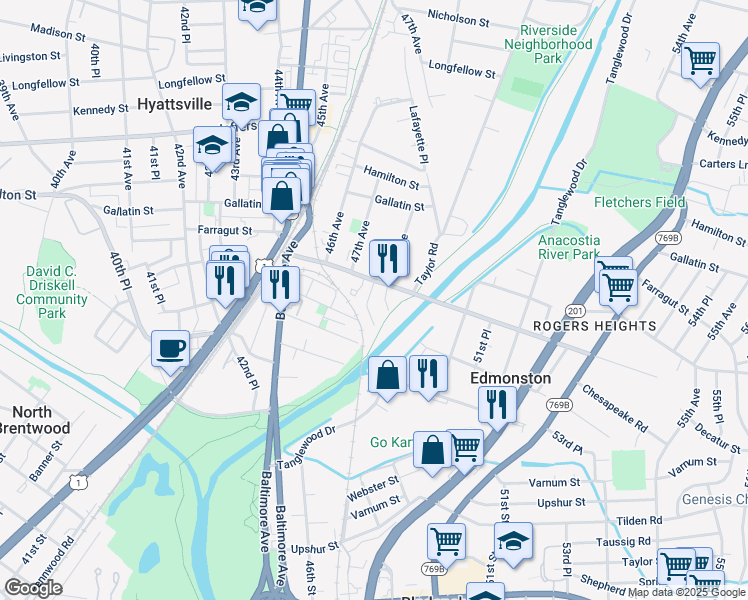map of restaurants, bars, coffee shops, grocery stores, and more near 4815 48th Avenue in Hyattsville