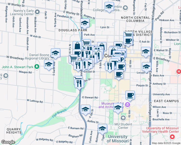 map of restaurants, bars, coffee shops, grocery stores, and more near 201 South 5th Street in Columbia