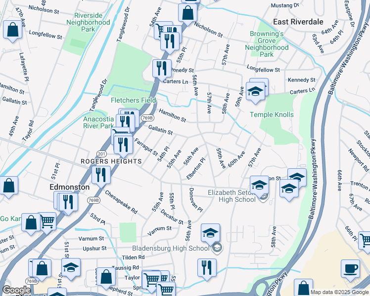map of restaurants, bars, coffee shops, grocery stores, and more near 5029 55th Avenue in Hyattsville