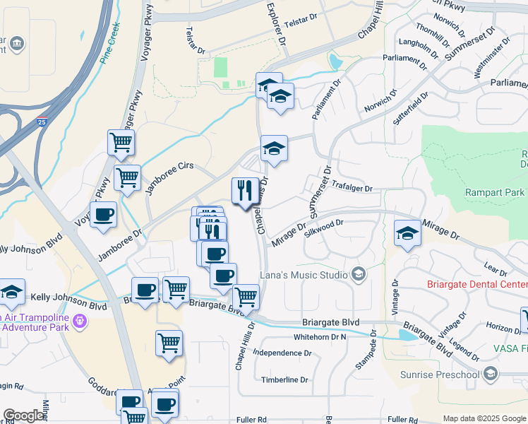 map of restaurants, bars, coffee shops, grocery stores, and more near 1510 Chapel Hills Drive in Colorado Springs