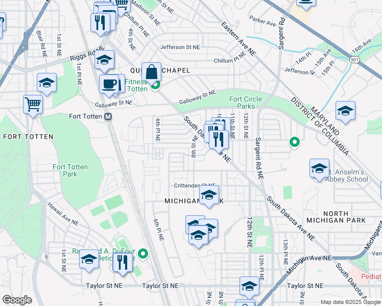 map of restaurants, bars, coffee shops, grocery stores, and more near 4950 8th Street Northeast in Washington