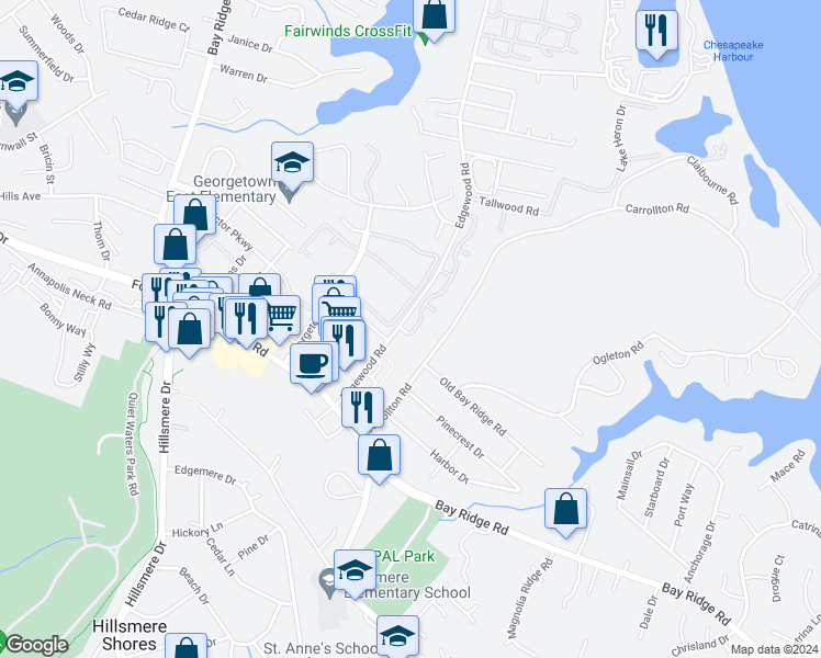 map of restaurants, bars, coffee shops, grocery stores, and more near 986 Breakwater Drive in Annapolis